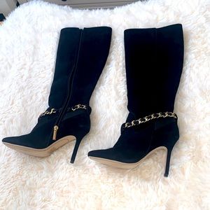 Karl Lagerfield suede knee high boots with gold chain detail